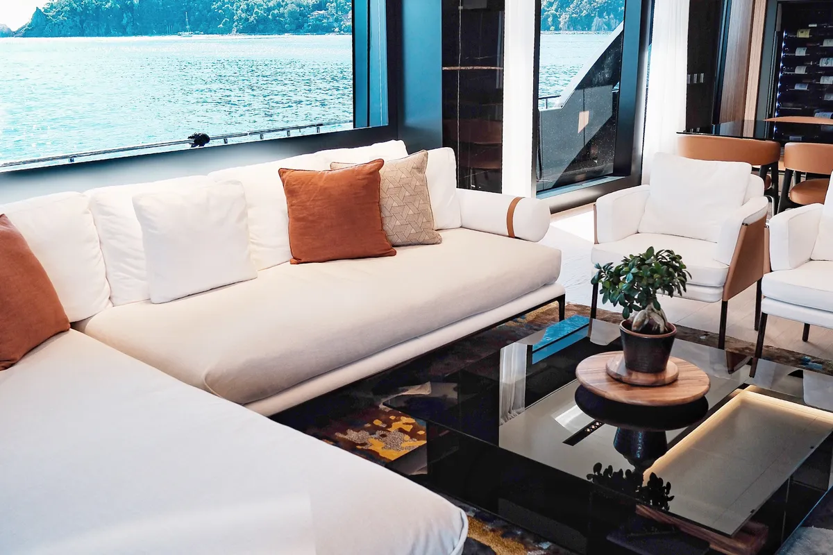 Salon of Icona, a Riva 102 Corsaro Super yacht at Mandelieu-la-Napoule, France