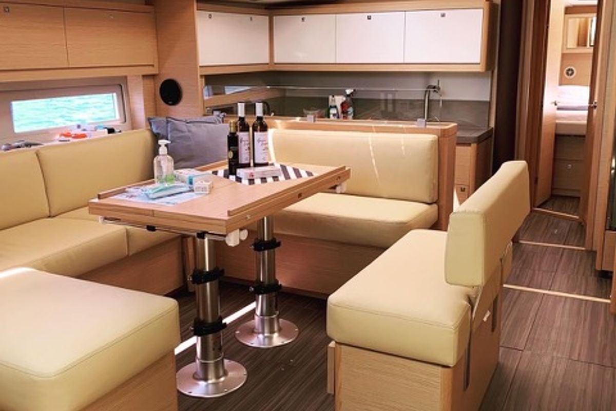Salon of Princess Leia, a Dufour 530 sailboat at Lavreotiki Municipal Unit, Greece