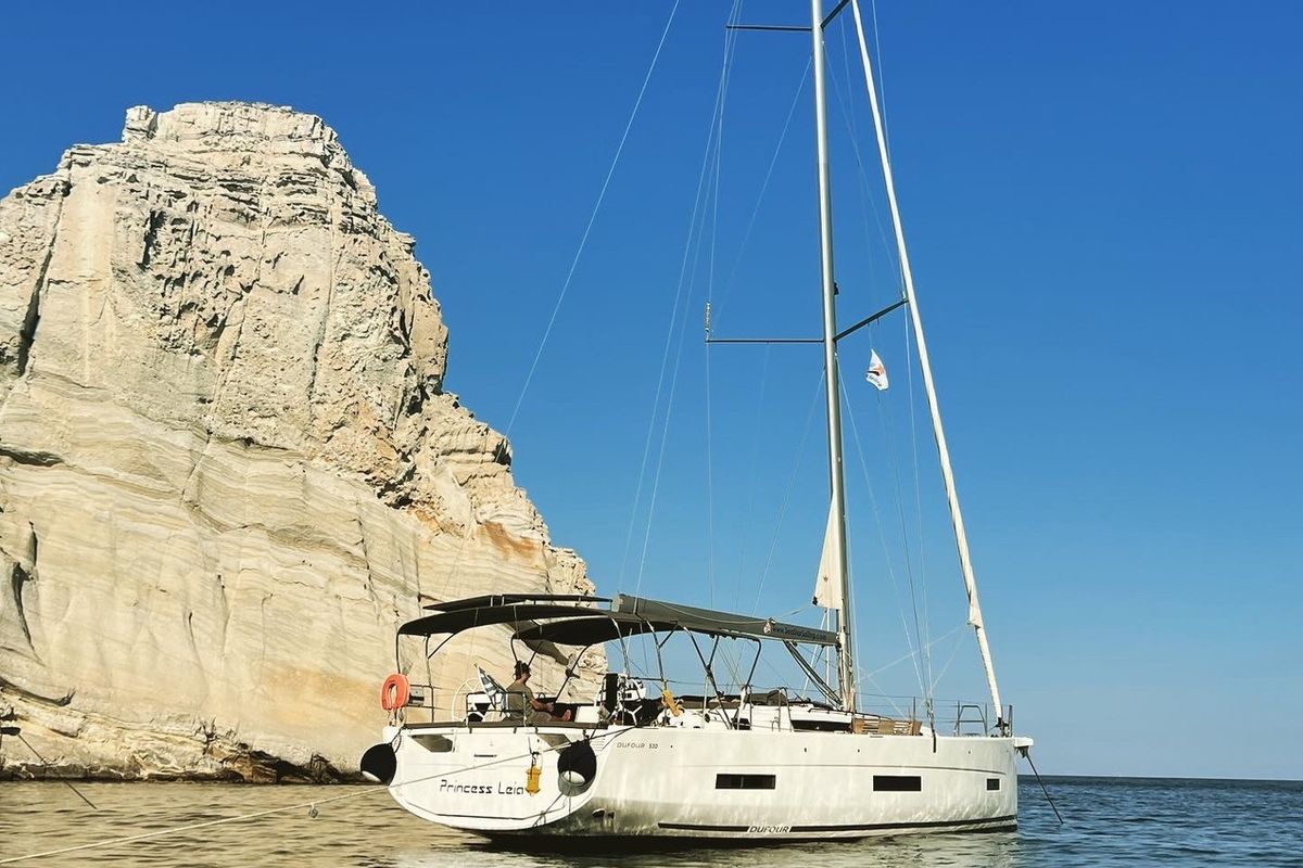 Exterior view of Princess Leia, a Dufour 530 sailboat at Lavreotiki Municipal Unit, Greece