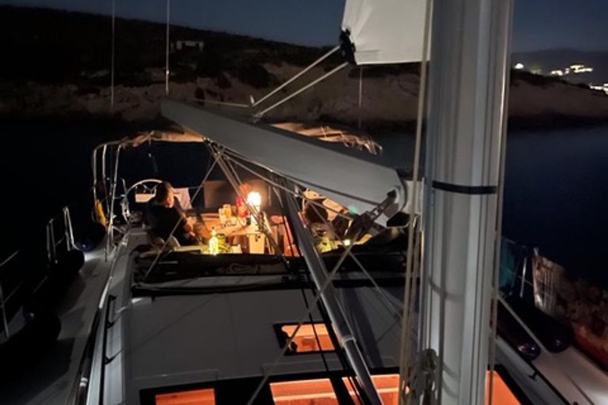 Deck of Princess Leia, a Dufour 530 sailboat at Lavreotiki Municipal Unit, Greece