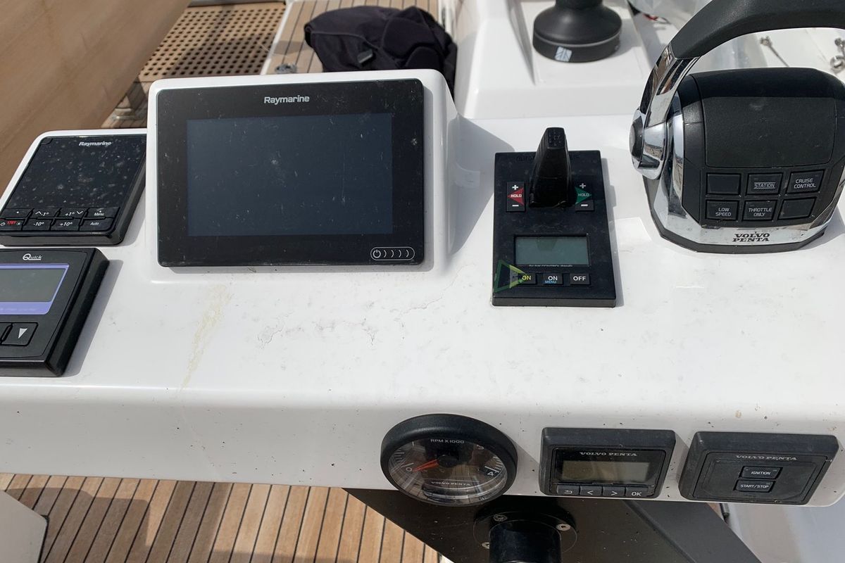 Cockpit of Princess Leia, a Dufour 530 sailboat at Lavreotiki Municipal Unit, Greece