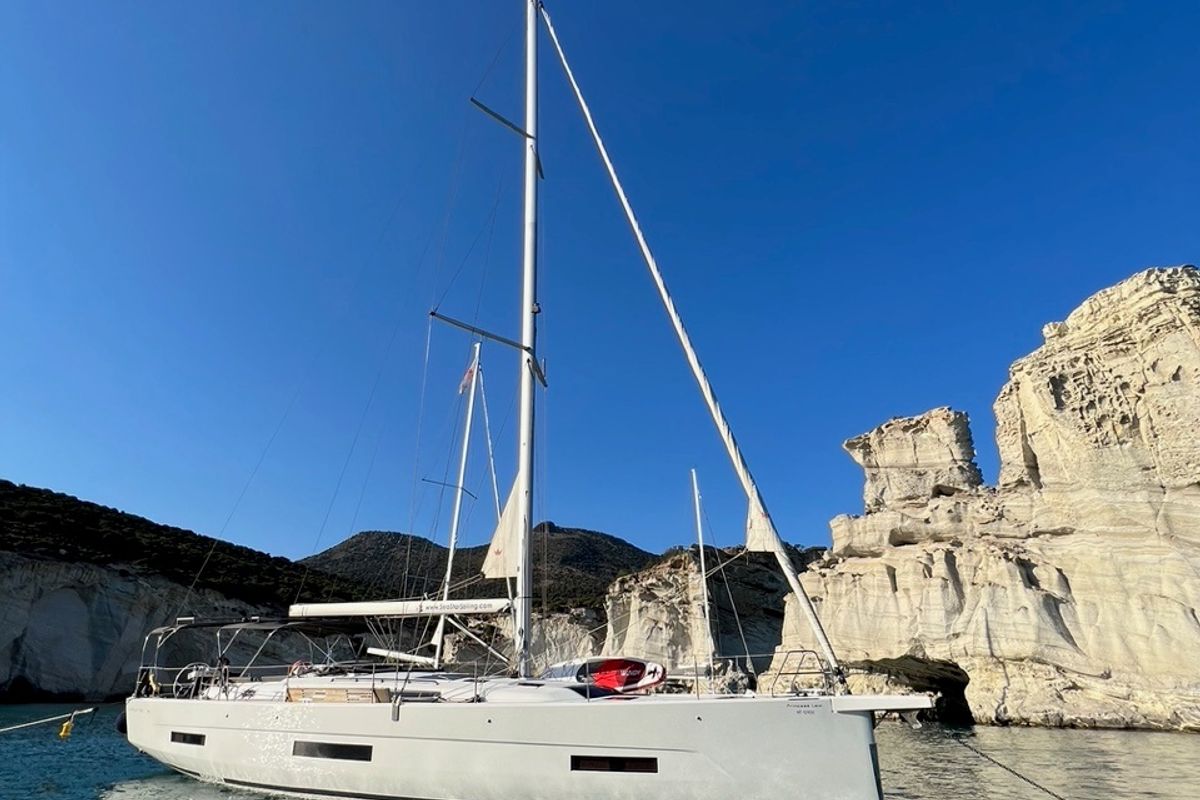 Exterior view of Princess Leia, a Dufour 530 sailboat at Lavreotiki Municipal Unit, Greece
