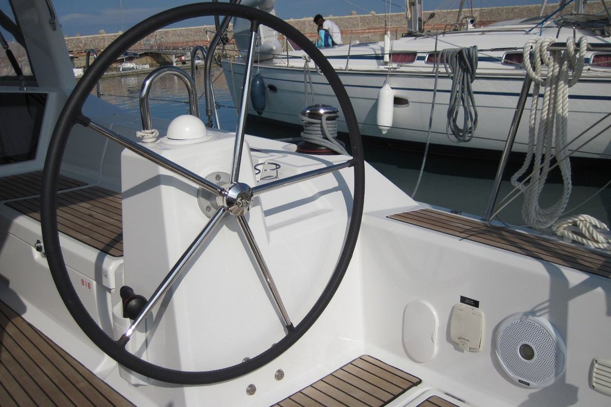 Cockpit of Stella, a Beneteau Oceanis 41.1 sailboat at Capo d'Orlando, Italy