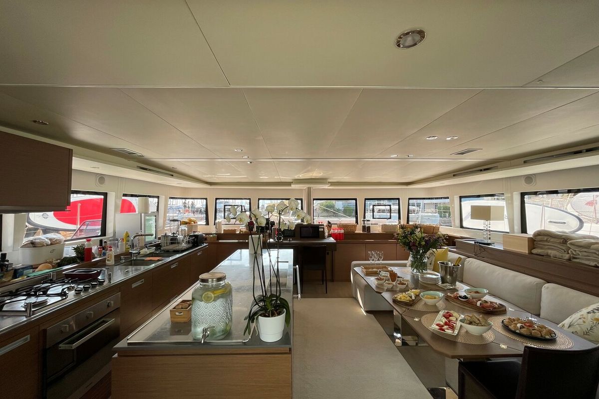 Salon of Adriatic Tiger, a Lagoon 620 catamaran at Split, Croatia
