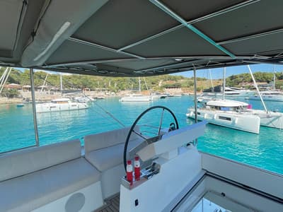 Cockpit of Adriatic Tiger, a Lagoon 620 catamaran at Split, Croatia