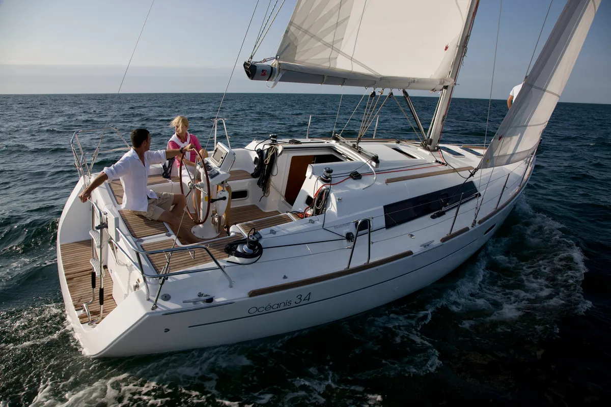 Exterior view of Seneca, a Beneteau Oceanis 34 sailboat at Roses, Spain