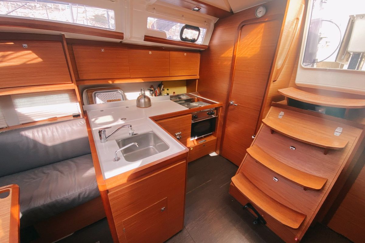 Galley of Les Copains D'abord, a Dufour 390 GL sailboat at Marseille, France