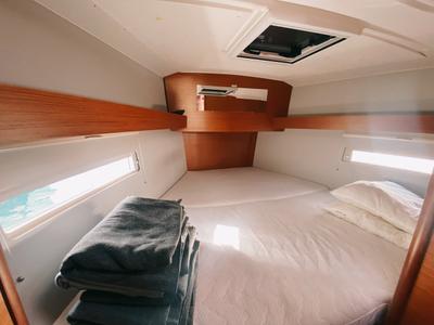 Cabin on Les Copains D'abord, a Dufour 390 GL sailboat at Marseille, France