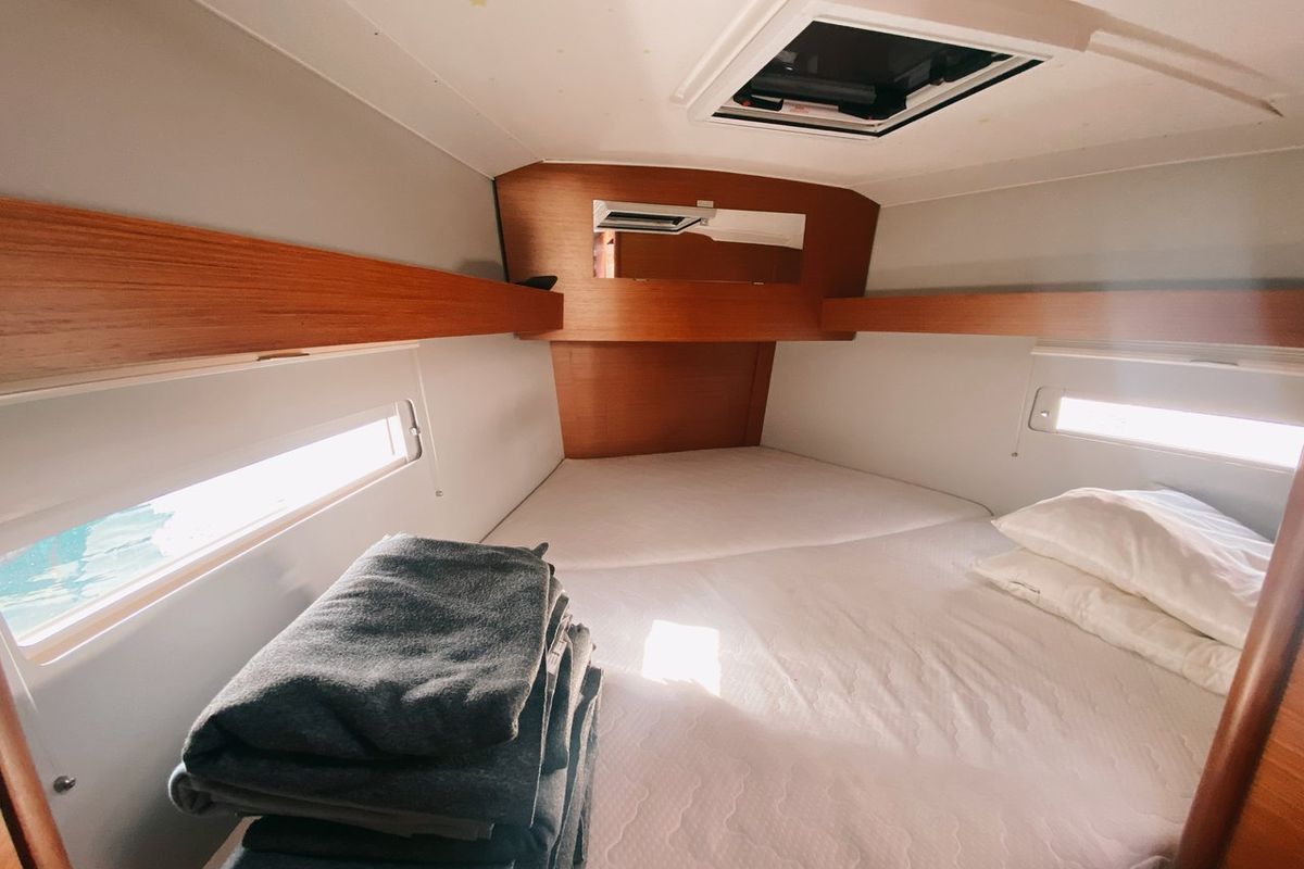 Cabin on Les Copains D'abord, a Dufour 390 GL sailboat at Marseille, France