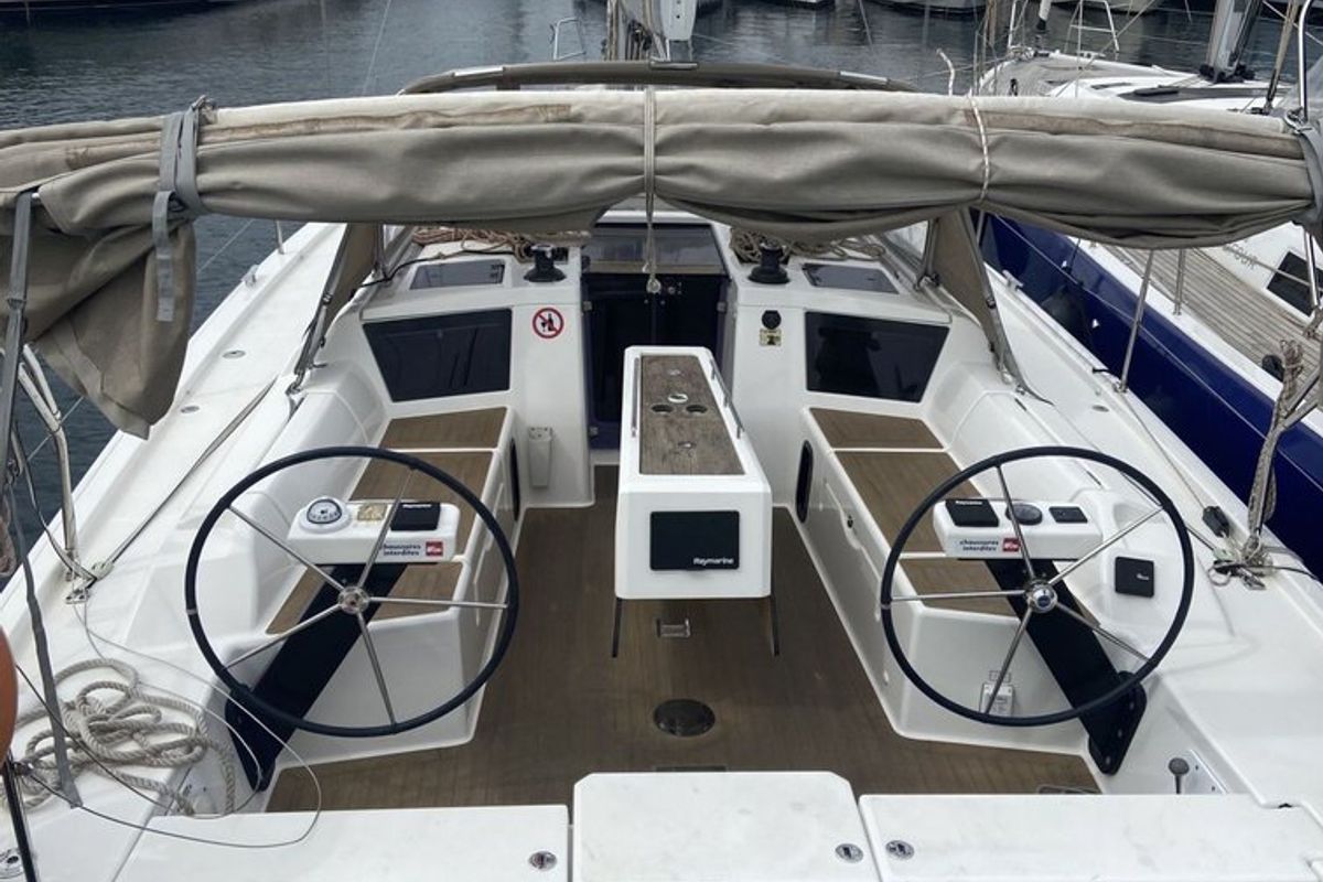 Cockpit of Les Copains D'abord, a Dufour 390 GL sailboat at Marseille, France