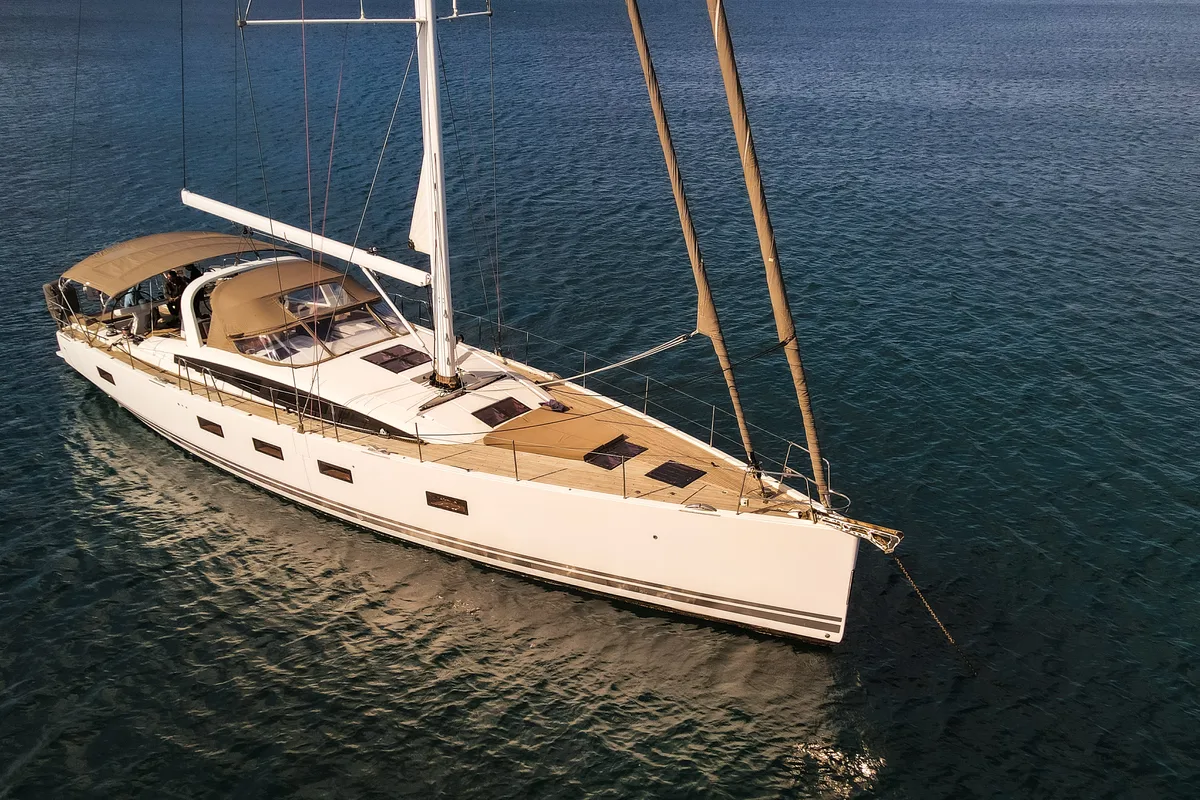 Exterior view of Golden Slumbers, a Jeanneau 64 sailboat at Lavreotiki Municipal Unit, Greece