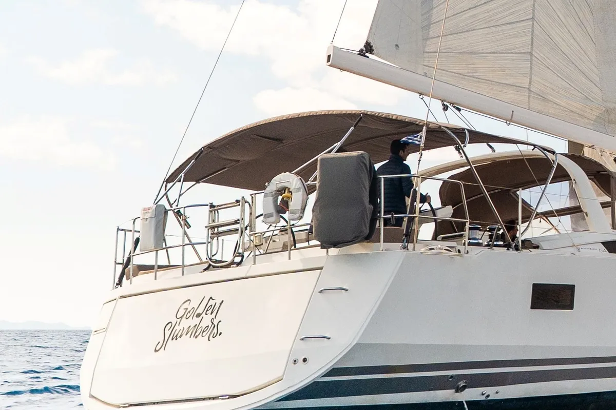 Cockpit of Golden Slumbers, a Jeanneau 64 sailboat at Lavreotiki Municipal Unit, Greece
