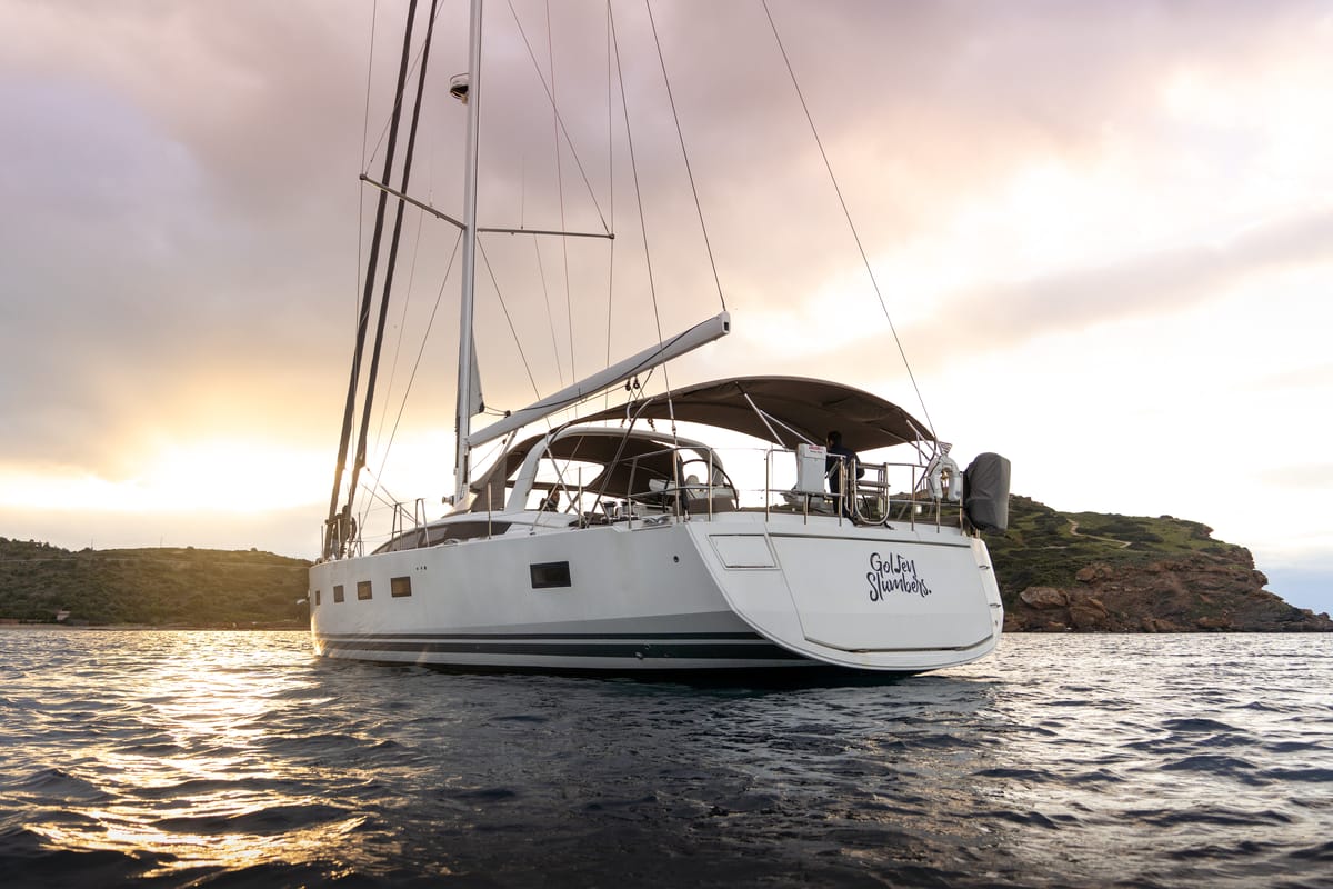 Exterior view of Golden Slumbers, a Jeanneau 64 sailboat at Lavreotiki Municipal Unit, Greece