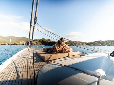 Deck of Golden Slumbers, a Jeanneau 64 sailboat at Lavreotiki Municipal Unit, Greece