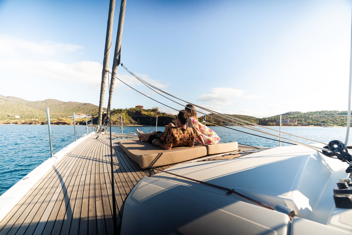Deck of Golden Slumbers, a Jeanneau 64 sailboat at Lavreotiki Municipal Unit, Greece