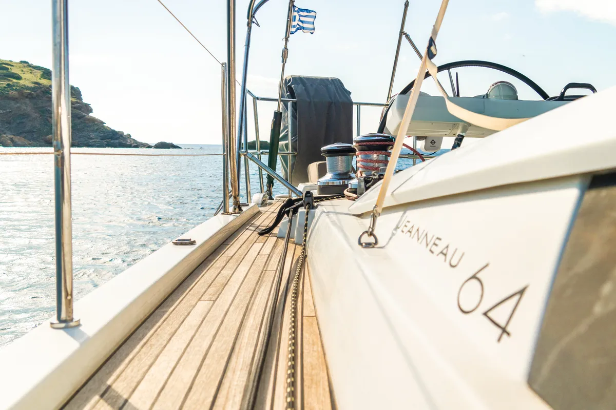 Deck of Golden Slumbers, a Jeanneau 64 sailboat at Lavreotiki Municipal Unit, Greece