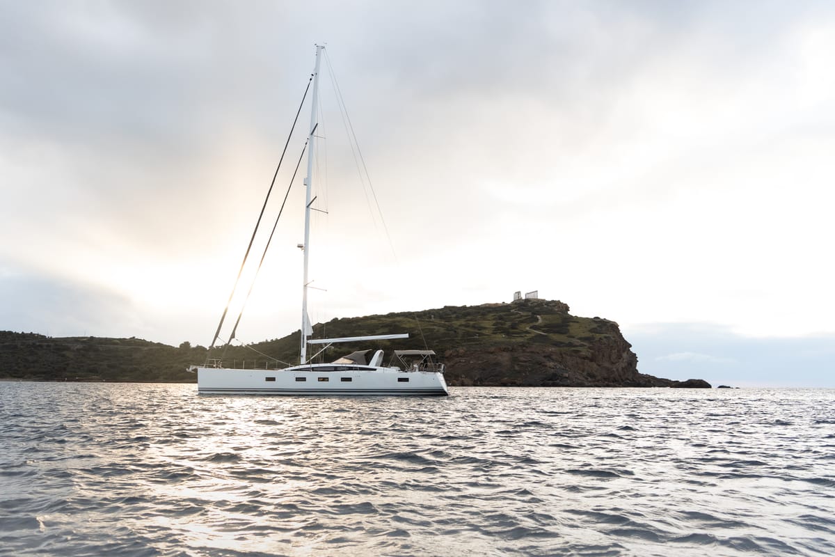 Exterior view of Golden Slumbers, a Jeanneau 64 sailboat at Lavreotiki Municipal Unit, Greece