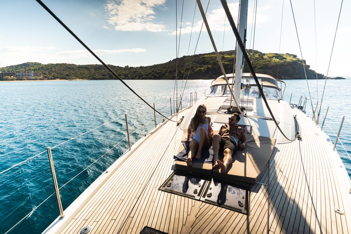Deck of Golden Slumbers, a Jeanneau 64 sailboat at Lavreotiki Municipal Unit, Greece