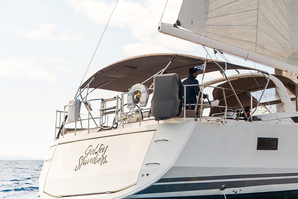 Exterior view of Golden Slumbers, a Jeanneau 64 sailboat at Lavreotiki Municipal Unit, Greece