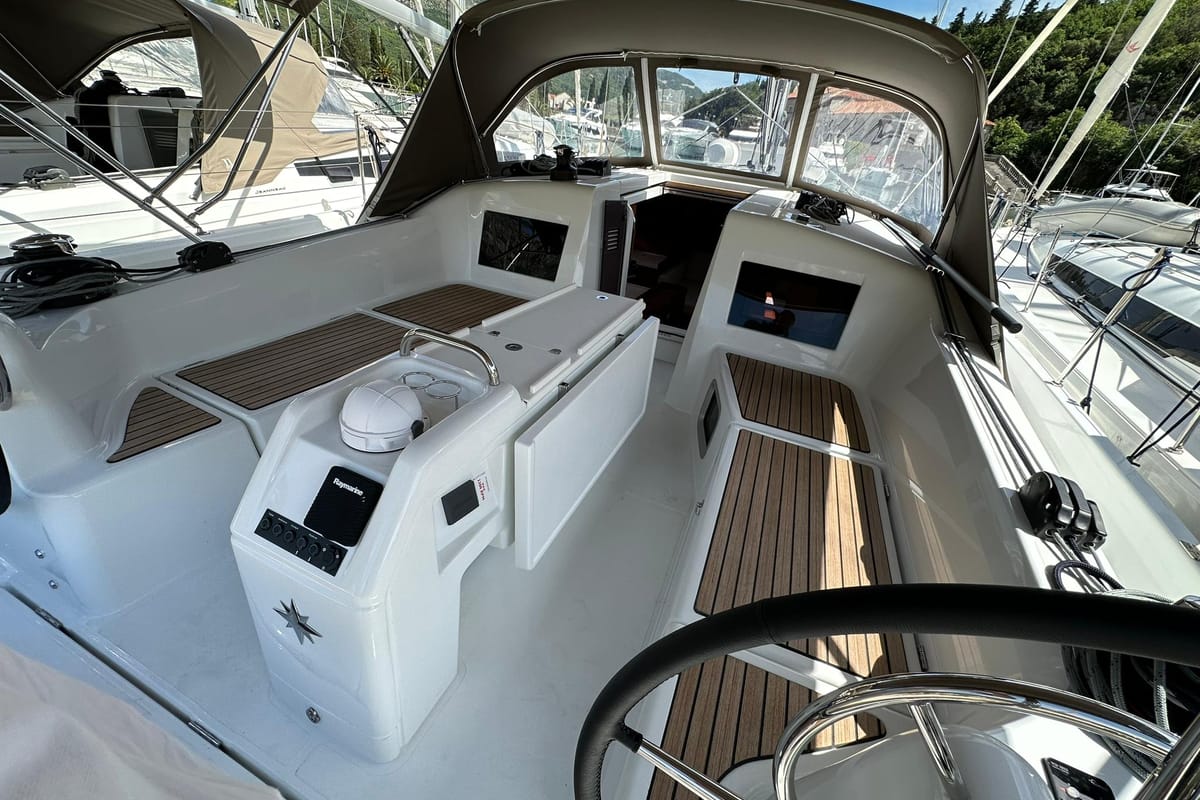 Cockpit of Bobo, a Jeanneau Sun Odyssey 410 sailboat at Dubrovnik, Croatia