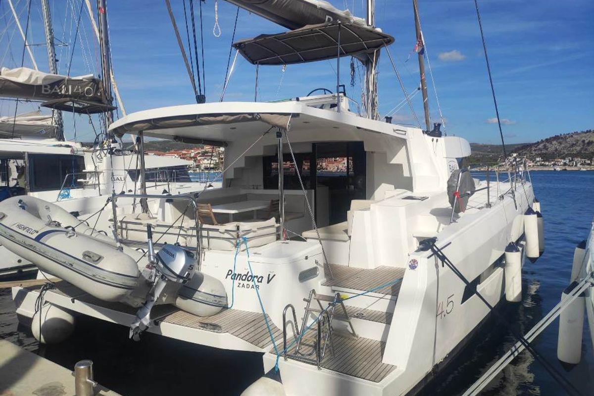 Exterior view of Pandora V, a Bali 4.5 catamaran at Općina Rogoznica, Croatia
