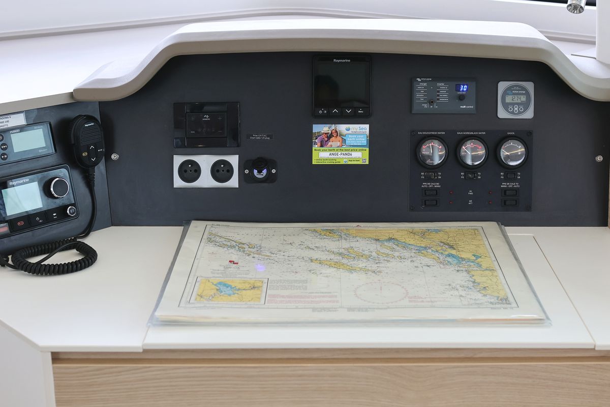 Cockpit of Pandora V, a Bali 4.5 catamaran at Općina Rogoznica, Croatia
