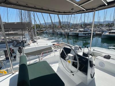 Cockpit of Romar II, a Bali 4.6 catamaran at Athens, Greece