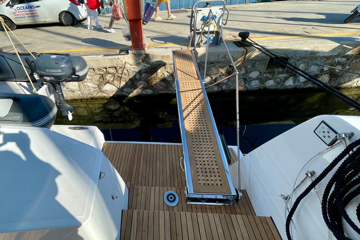 Deck of Romar II, a Bali 4.6 catamaran at Athens, Greece