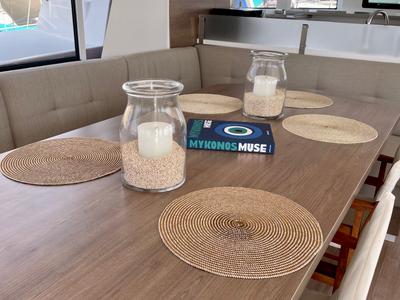 Salon of Romar II, a Bali 4.6 catamaran at Athens, Greece