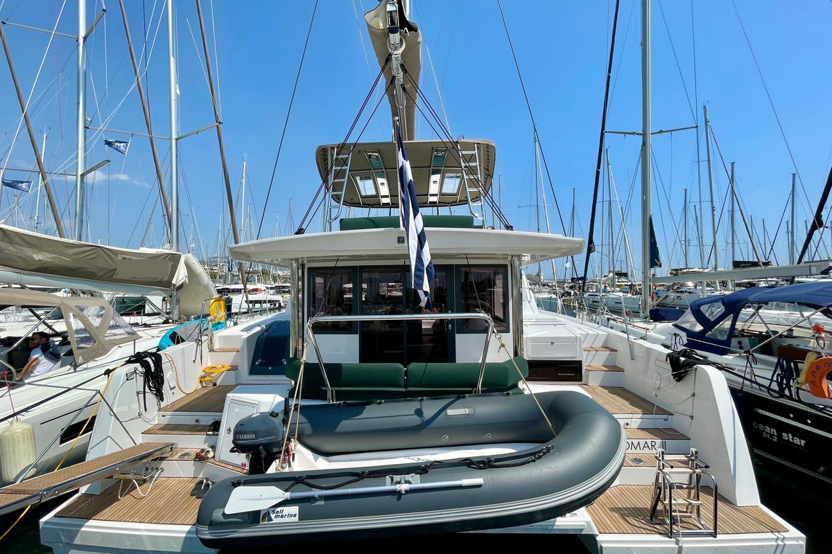 Exterior view of Romar II, a Bali 4.6 catamaran at Athens, Greece