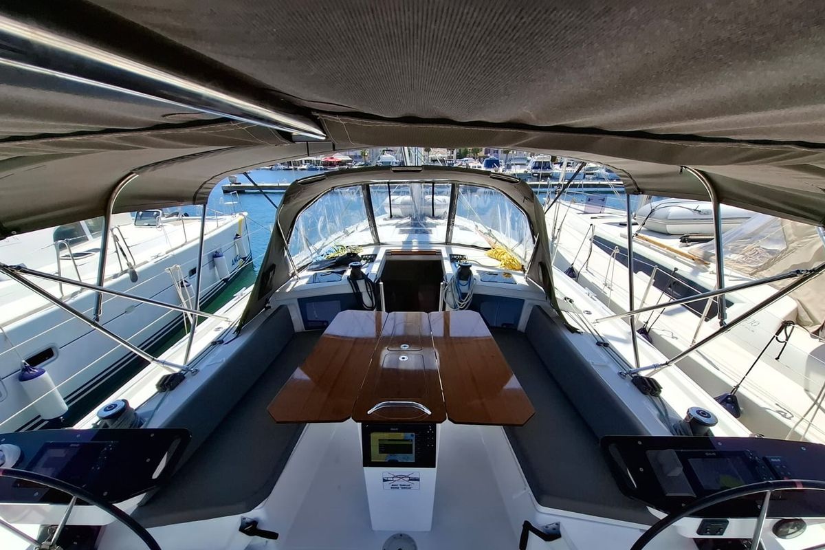 Cockpit of Kairos, a Dufour 41 sailboat at Grad Biograd na Moru, Croatia