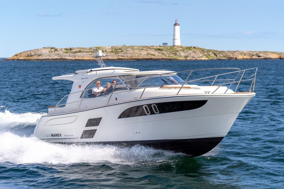 Exterior view of Pepper, a Marex 310 Sun Cruiser motorboat at Corfu, Greece