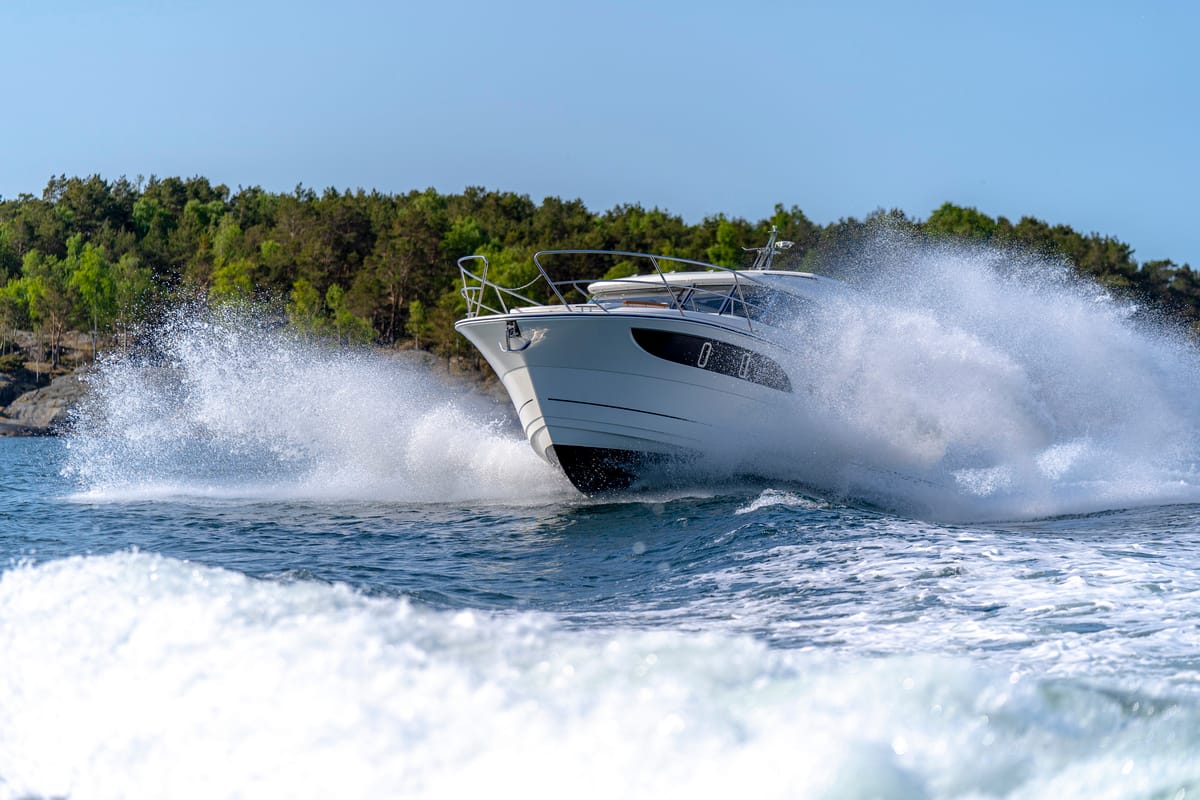 Exterior view of Pepper, a Marex 310 Sun Cruiser motorboat at Corfu, Greece