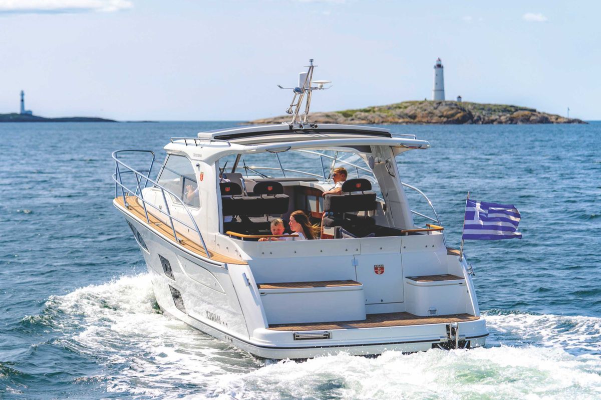 Exterior view of Pepper, a Marex 310 Sun Cruiser motorboat at Corfu, Greece