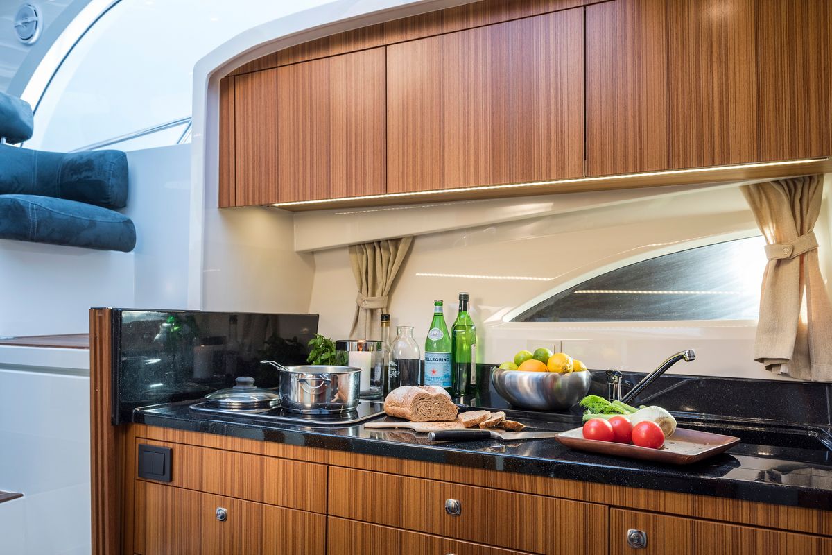 Galley of Pepper, a Marex 310 Sun Cruiser motorboat at Corfu, Greece