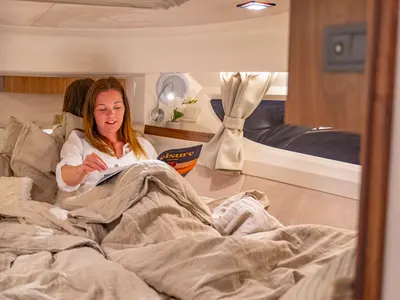 Cabin on Pepper, a Marex 310 Sun Cruiser motorboat at Corfu, Greece