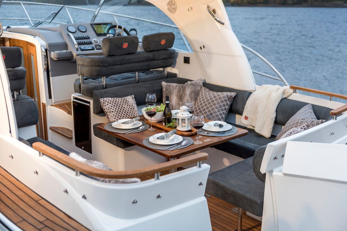 Deck of Pepper, a Marex 310 Sun Cruiser motorboat at Corfu, Greece
