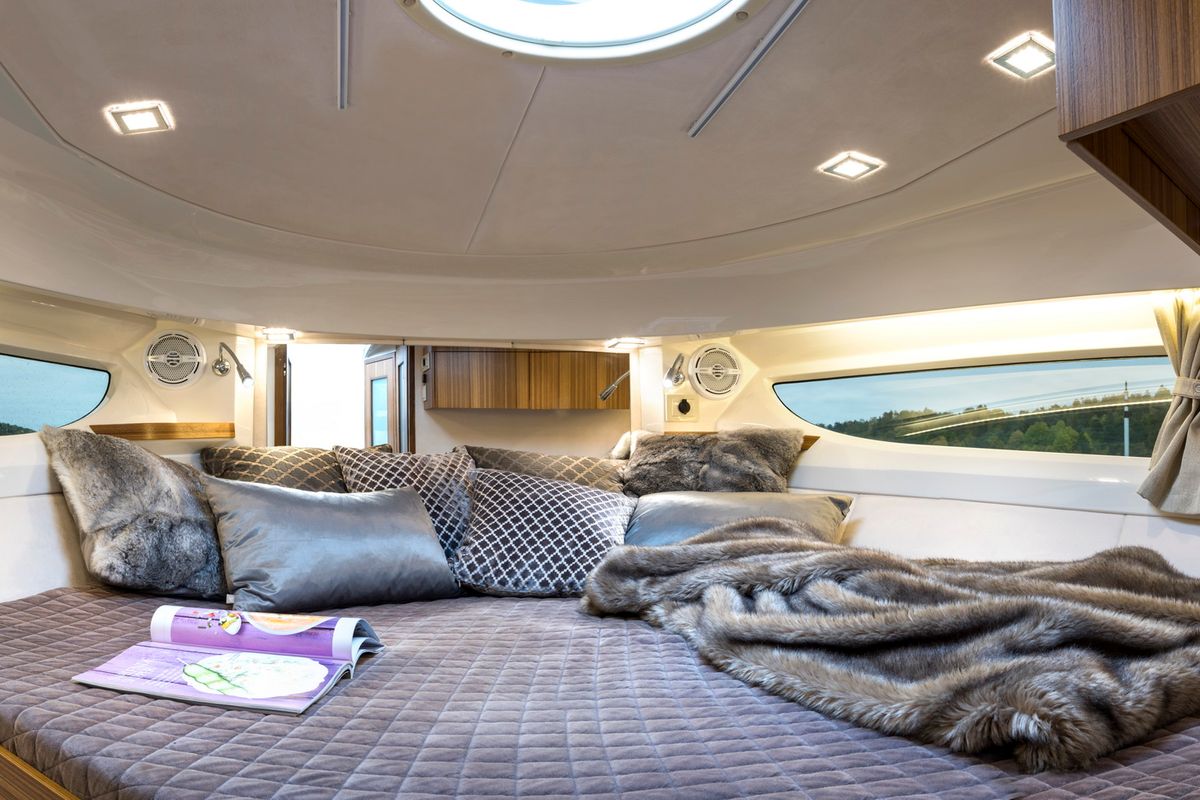 Cabin on Pepper, a Marex 310 Sun Cruiser motorboat at Corfu, Greece