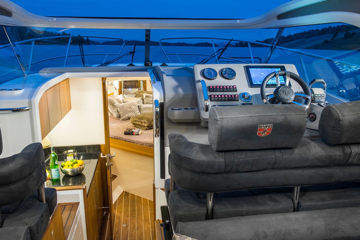 Cockpit of Pepper, a Marex 310 Sun Cruiser motorboat at Corfu, Greece