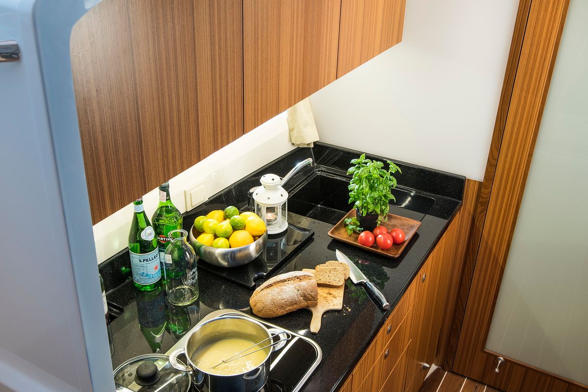 Galley of Pepper, a Marex 310 Sun Cruiser motorboat at Corfu, Greece