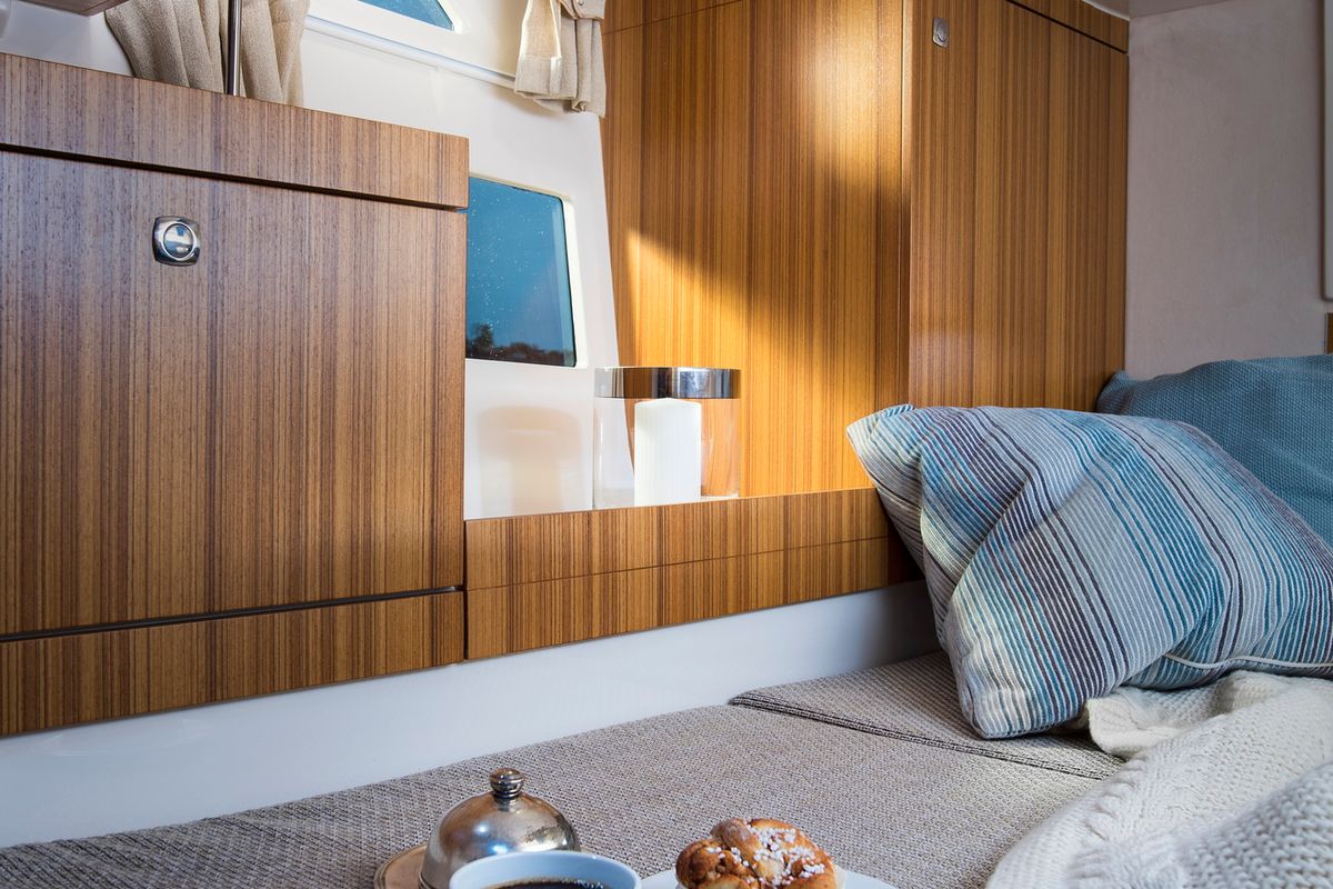 Cabin on Pepper, a Marex 310 Sun Cruiser motorboat at Corfu, Greece
