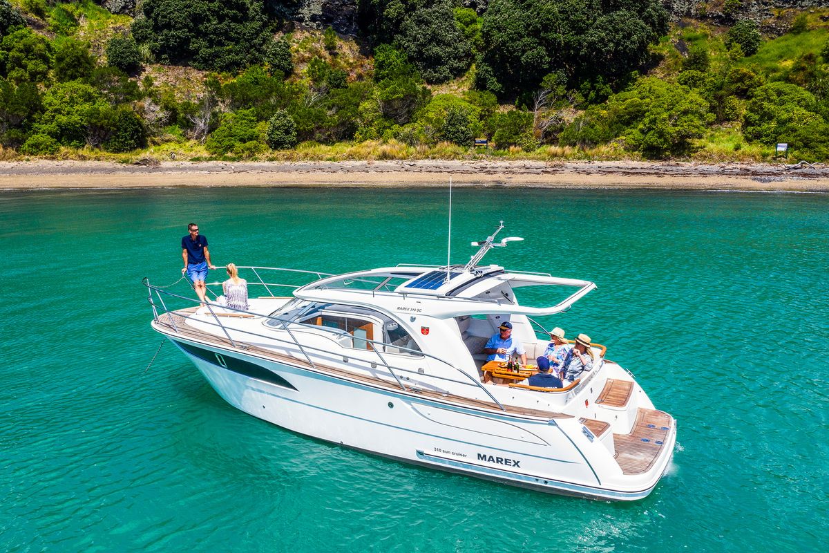 Exterior view of Pepper, a Marex 310 Sun Cruiser motorboat at Corfu, Greece