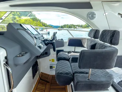Cockpit of Pepper, a Marex 310 Sun Cruiser motorboat at Corfu, Greece
