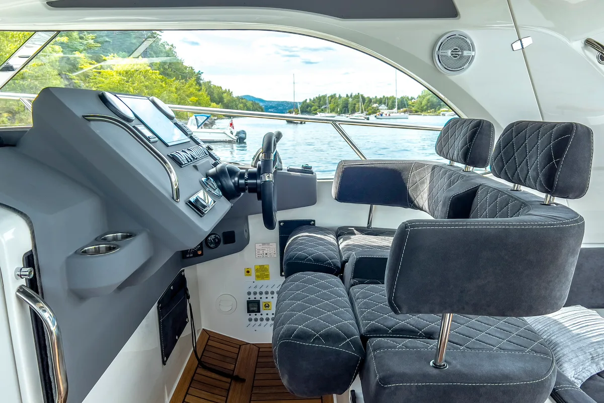 Cockpit of Pepper, a Marex 310 Sun Cruiser motorboat at Corfu, Greece