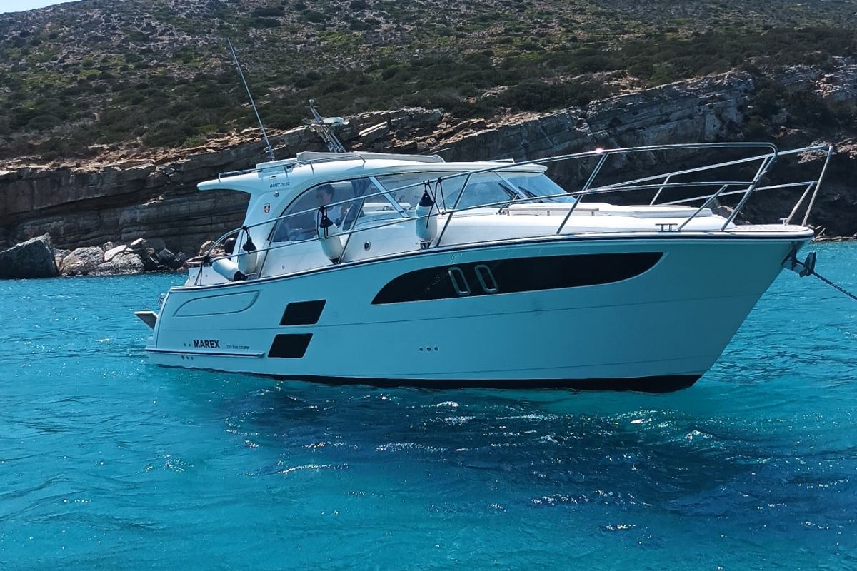 Exterior view of Pepper, a Marex 310 Sun Cruiser motorboat at Corfu, Greece