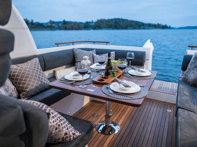 Deck of Pepper, a Marex 310 Sun Cruiser motorboat at Corfu, Greece