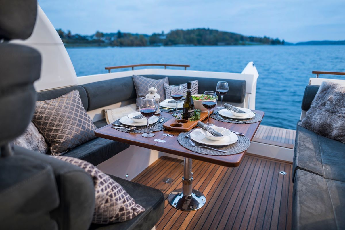 Deck of Pepper, a Marex 310 Sun Cruiser motorboat at Corfu, Greece