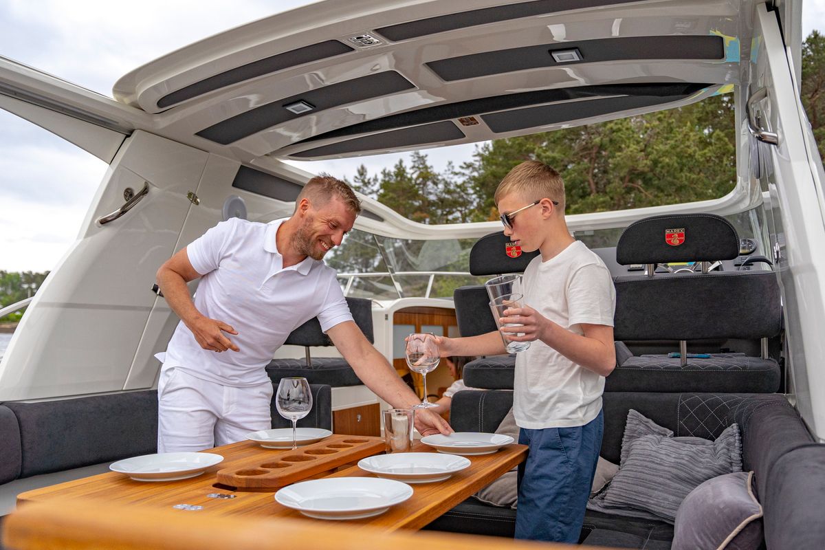 Deck of Pepper, a Marex 310 Sun Cruiser motorboat at Corfu, Greece