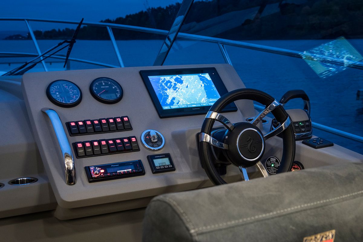 Cockpit of Pepper, a Marex 310 Sun Cruiser motorboat at Corfu, Greece