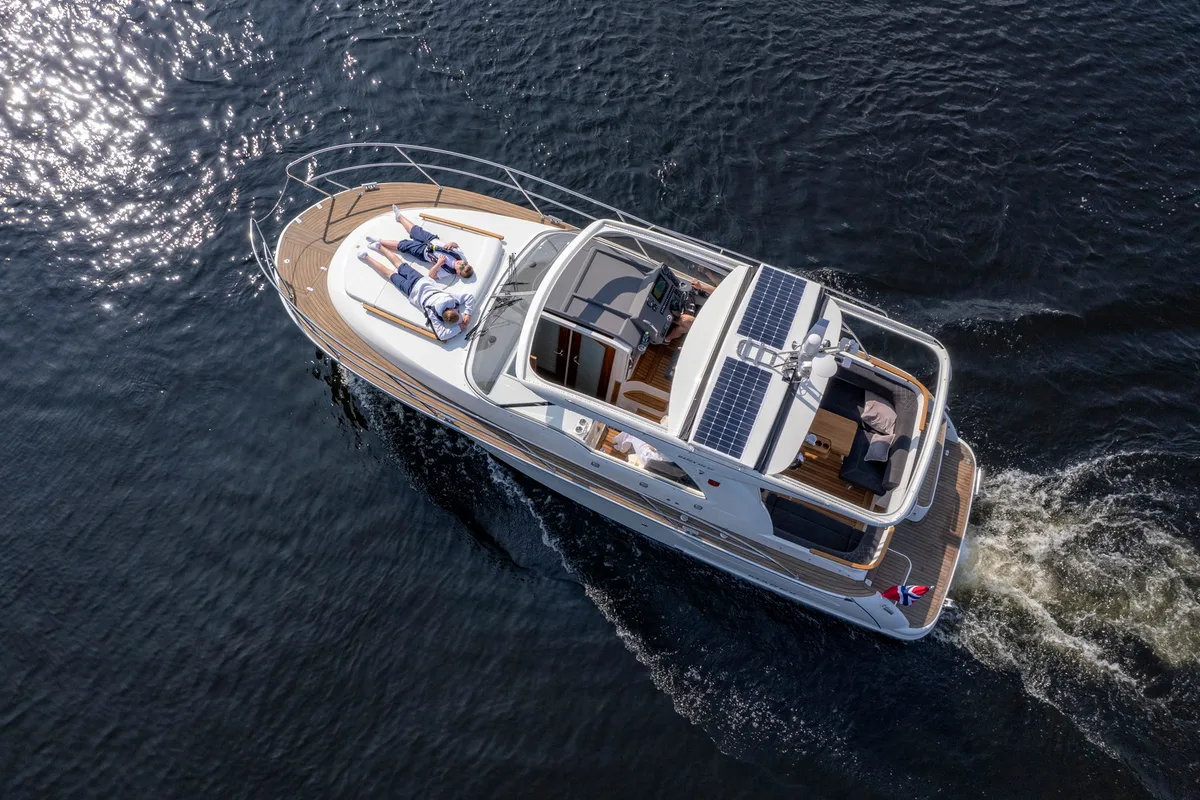 Exterior view of Pepper, a Marex 310 Sun Cruiser motorboat at Corfu, Greece